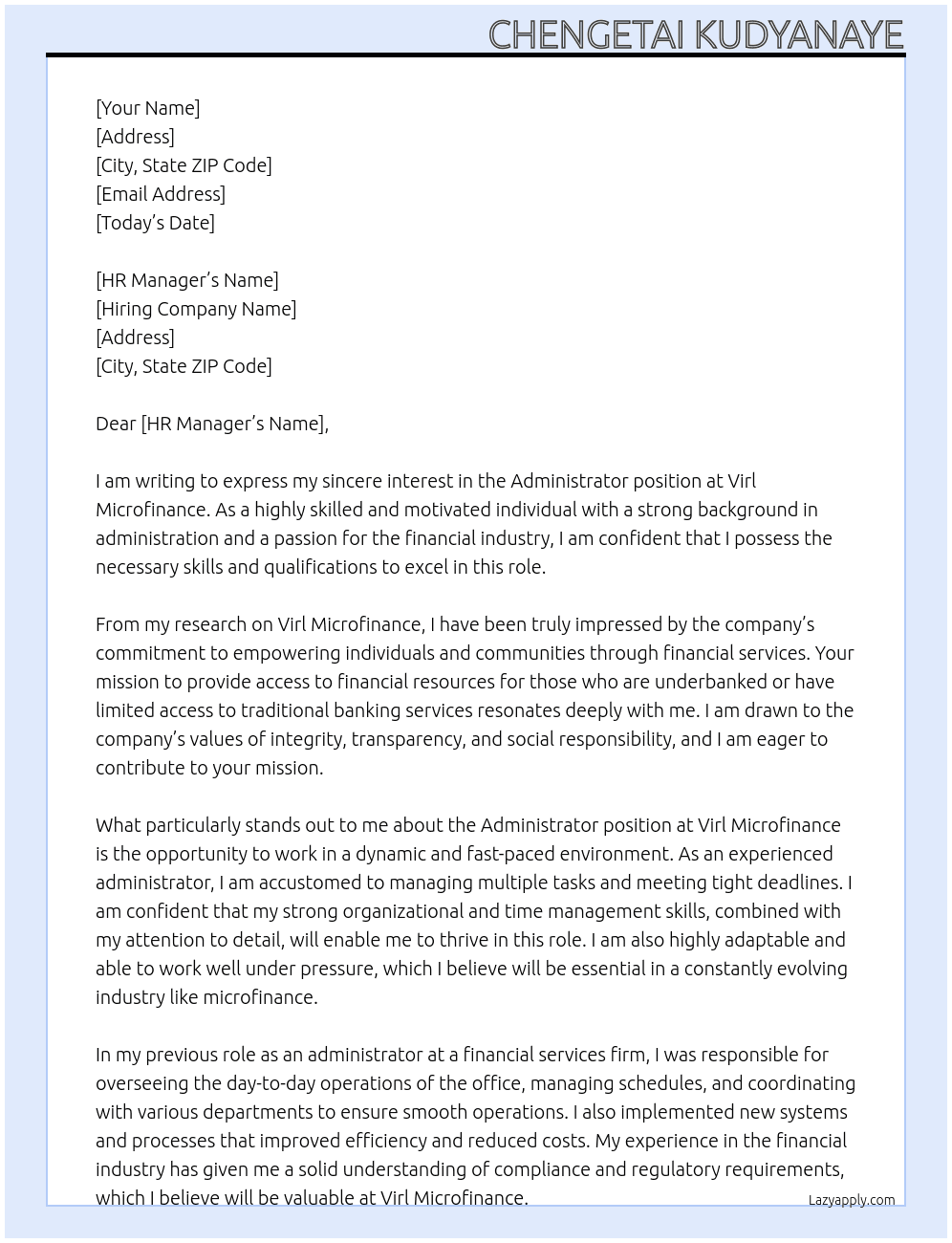 Administrator  At Virl Microfinance  Cover Letter