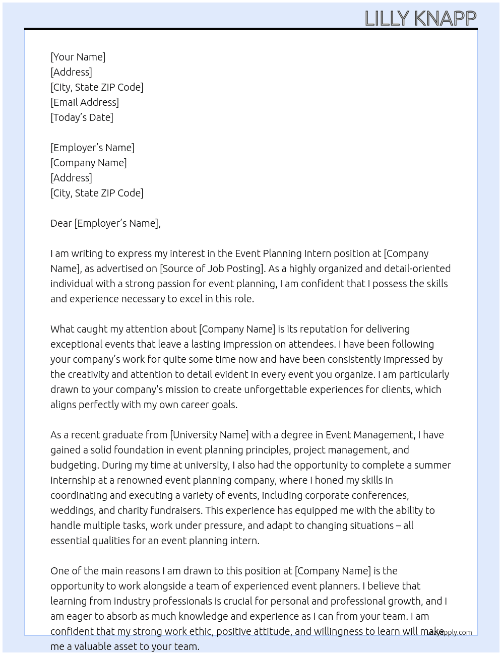 Event Planning Intern At Event planner  Cover Letter