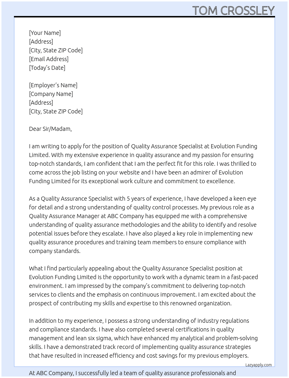 Quality Assurance Specialist At Evolution Funding Limited Cover Letter