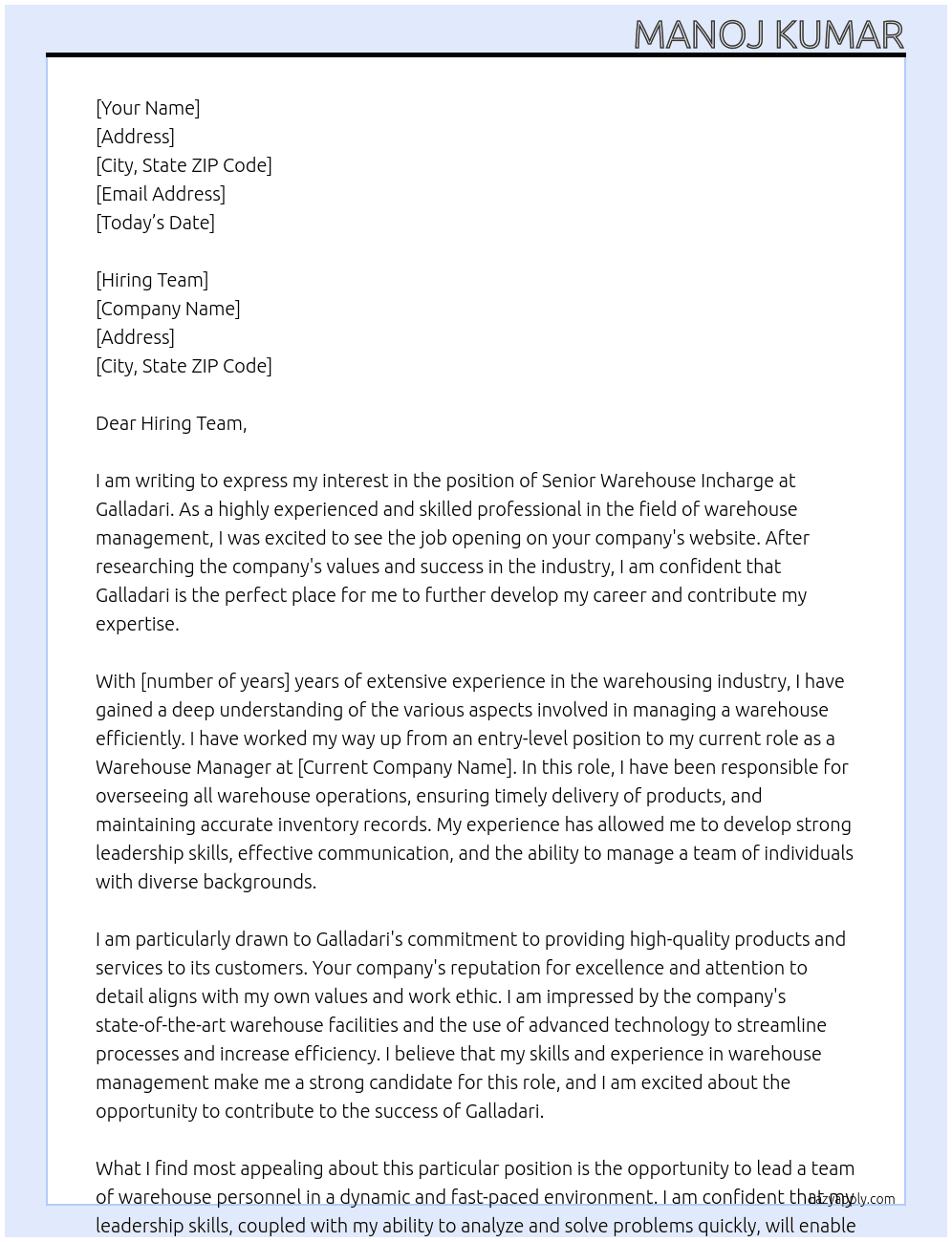 Senior warehouse incharge  At Galladari Cover Letter