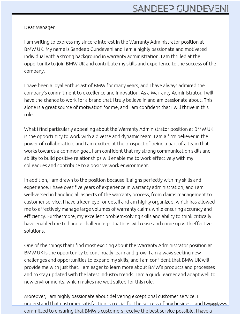 Warranty Administrator At BMW UK Cover Letter
