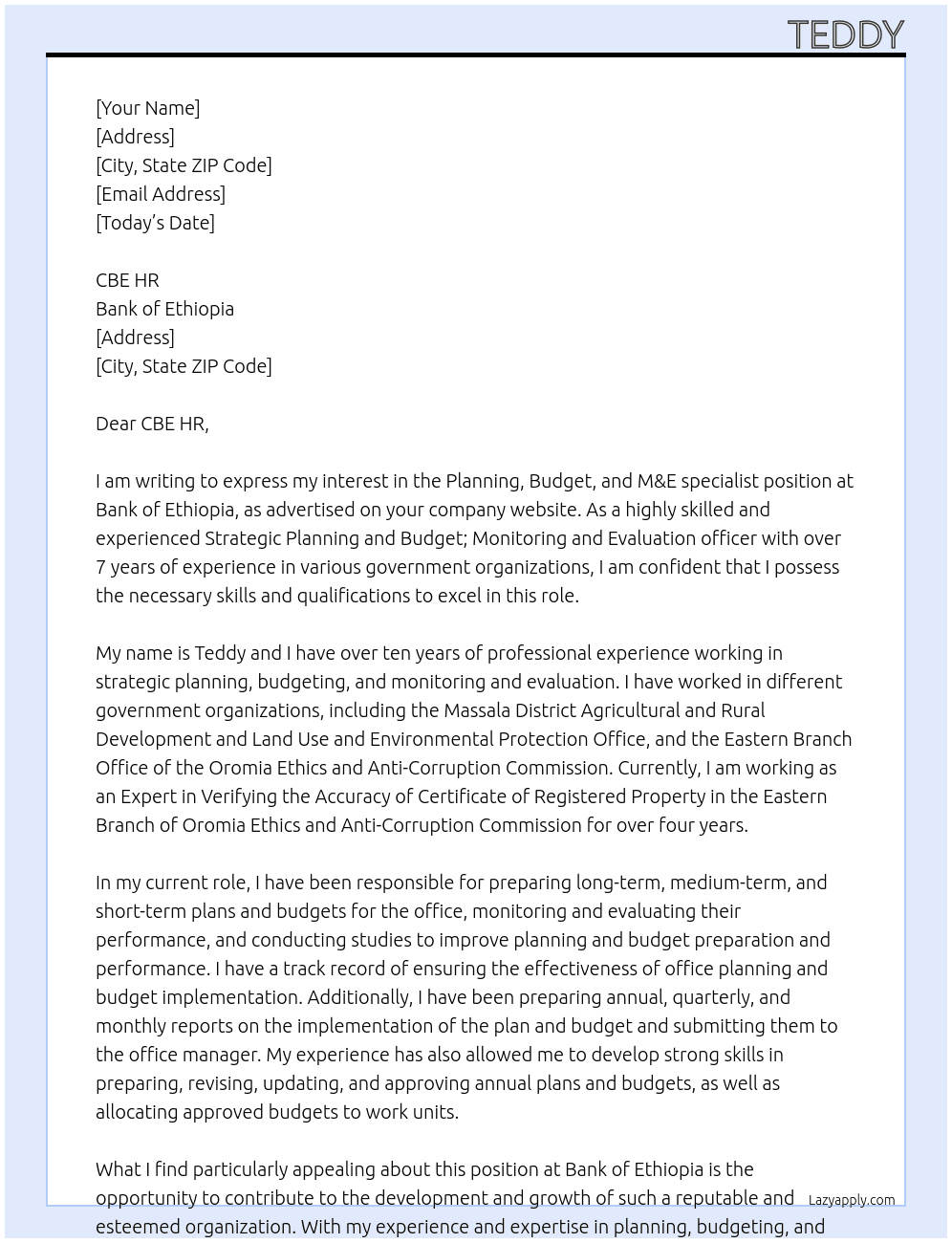 Planning, Budget, and M&E specialist At Bank of Ethiopia Cover Letter