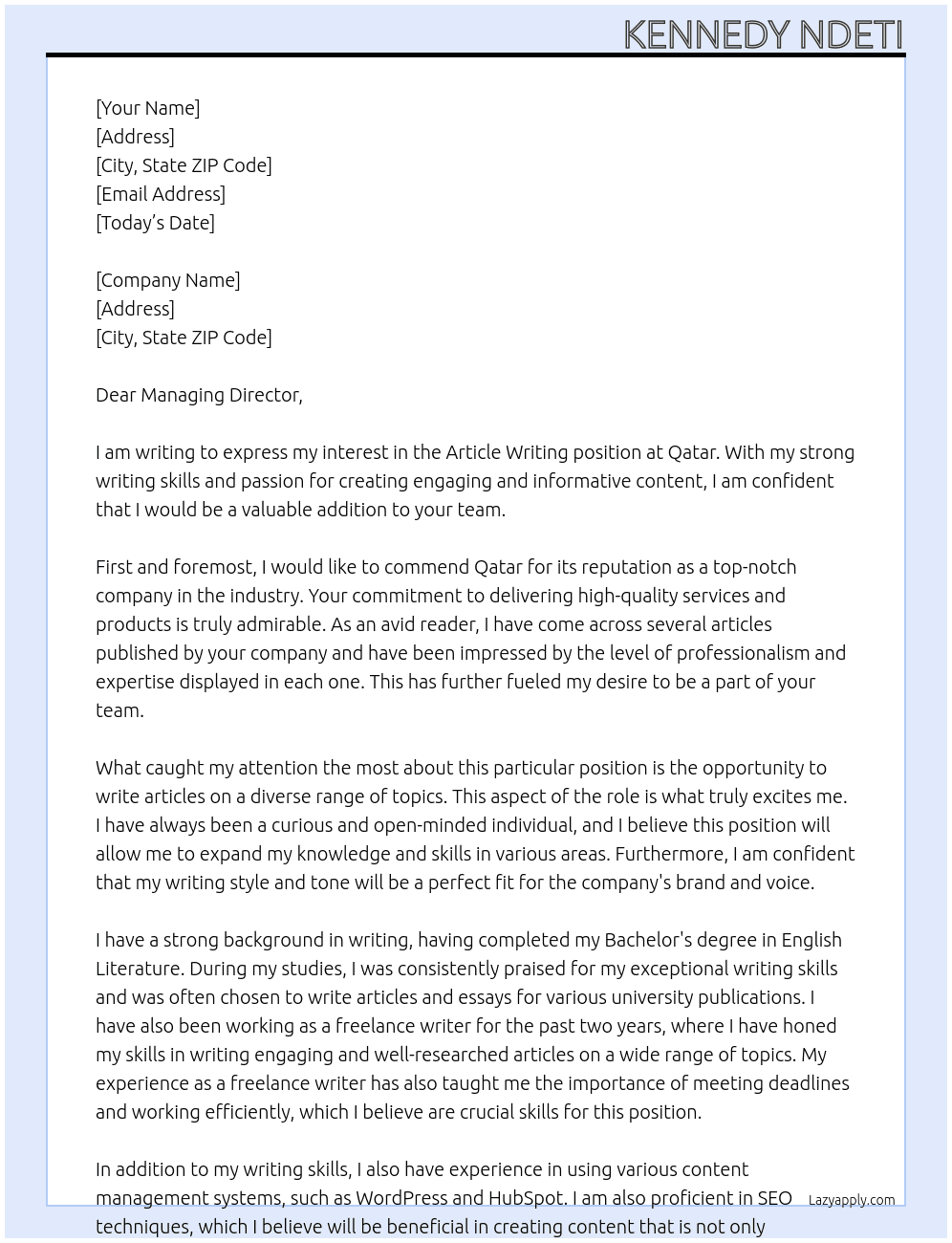 article writing At Qatar Cover Letter