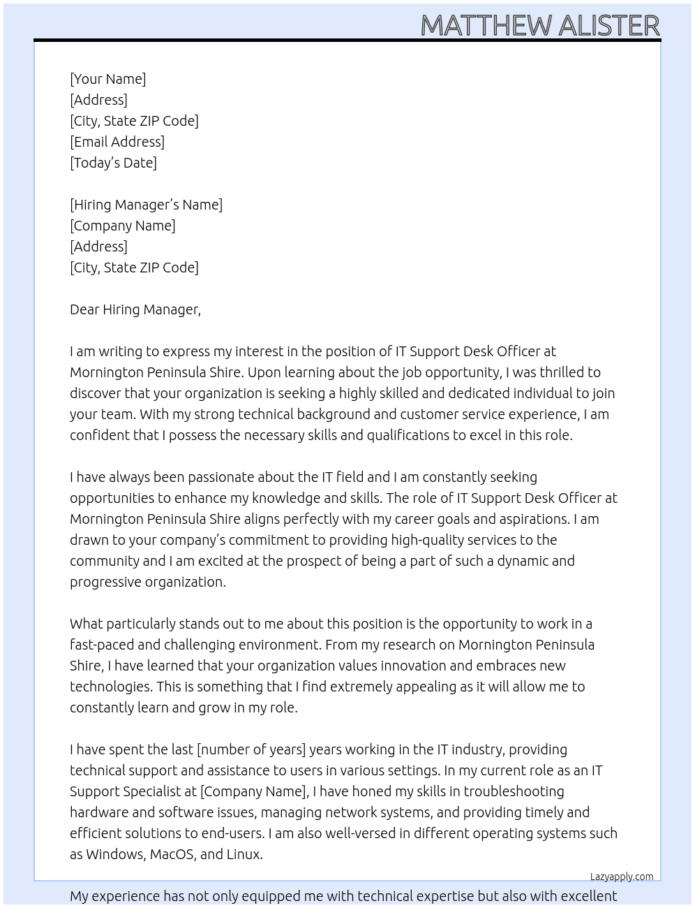 IT Support Desk Officer At Mornington Peninsula Shire Cover Letter