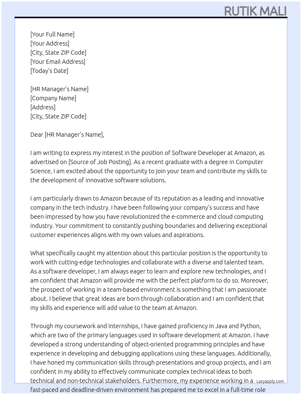 Software developer fresher  At Amazon Cover Letter
