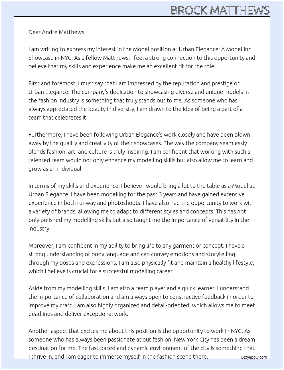 Model At Urban Elegance: A Modelling Showcase in NYC Cover Letter