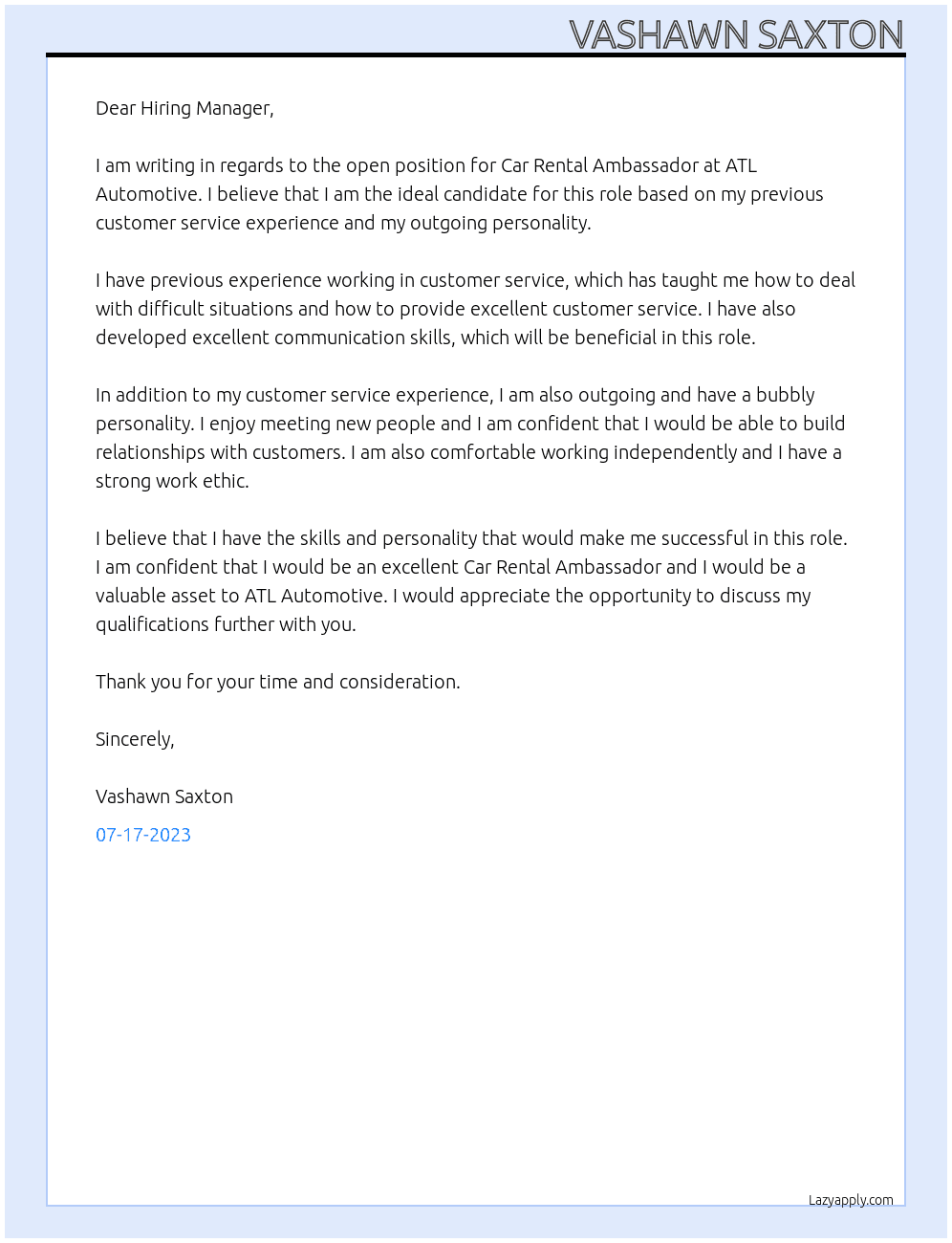 Car Rental Ambassador At ATL Automotive Cover Letter