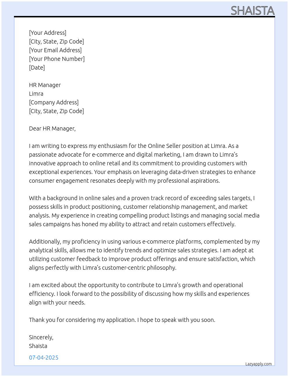 online seller At limra Cover Letter