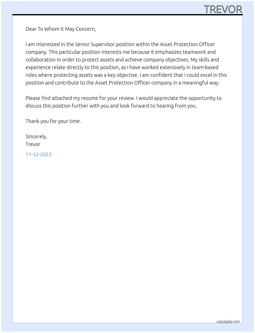 Senior Supervisor At Asset Protection Officer Cover Letter