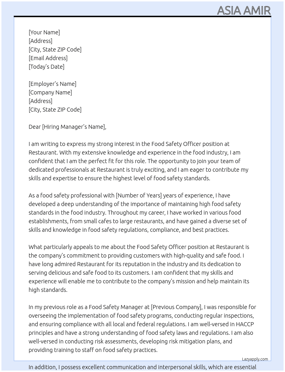 Food safety officer  At Restaurant  Cover Letter