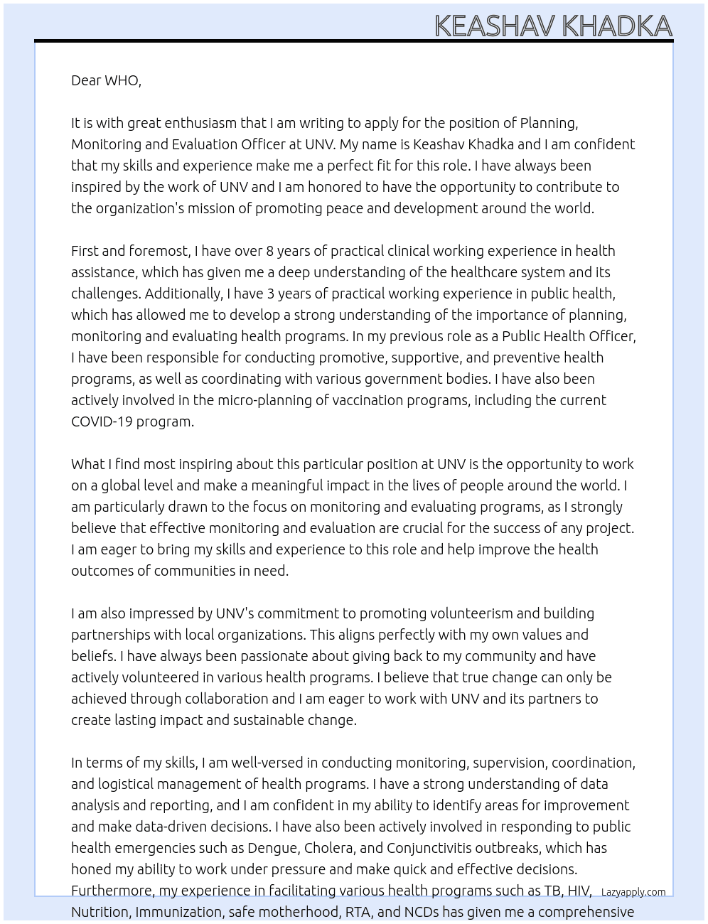 Planning, Monitoring and Evaluation Officer At UNV Cover Letter