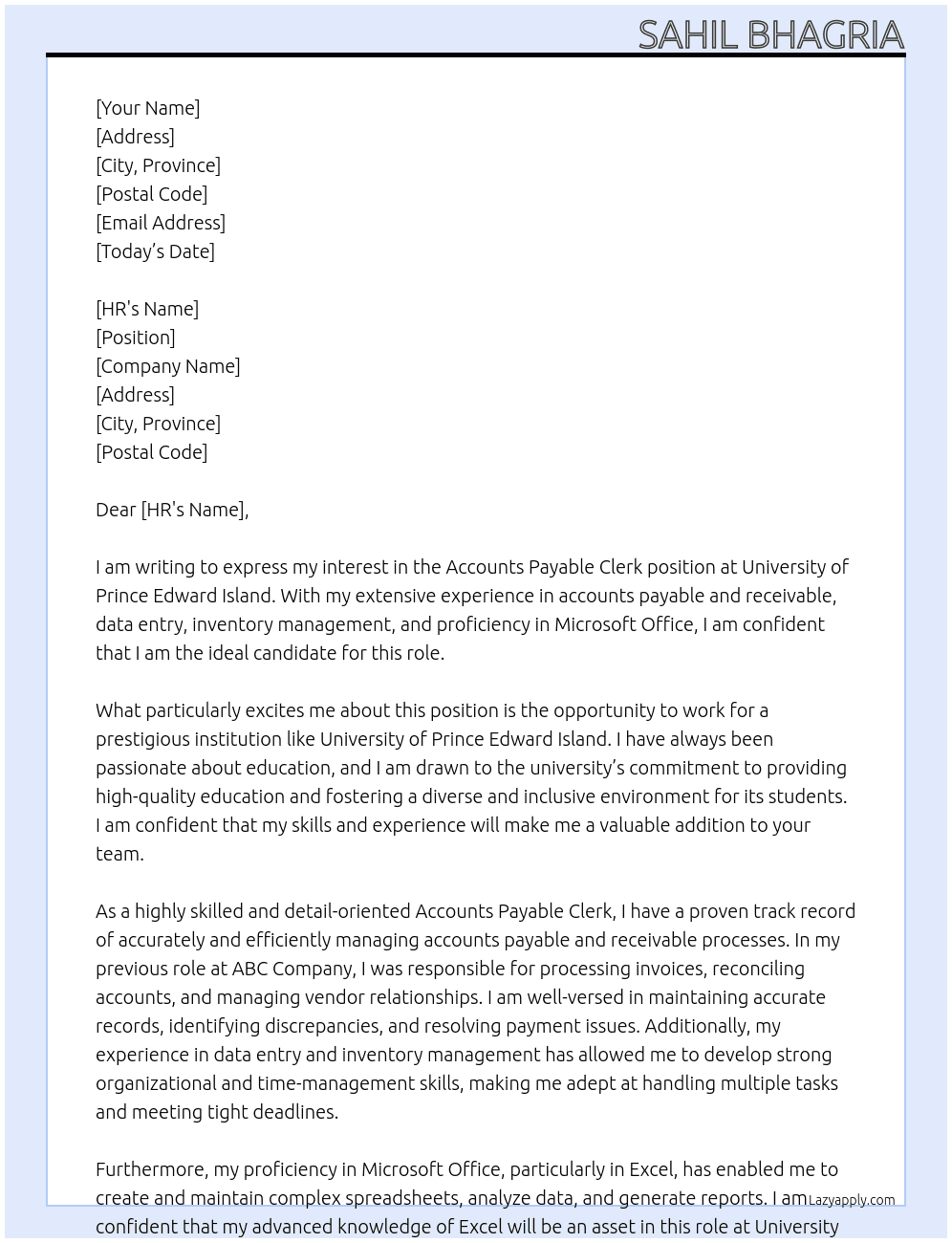 Accounts Payable Clerk At University of Prince Edward Island Cover Letter