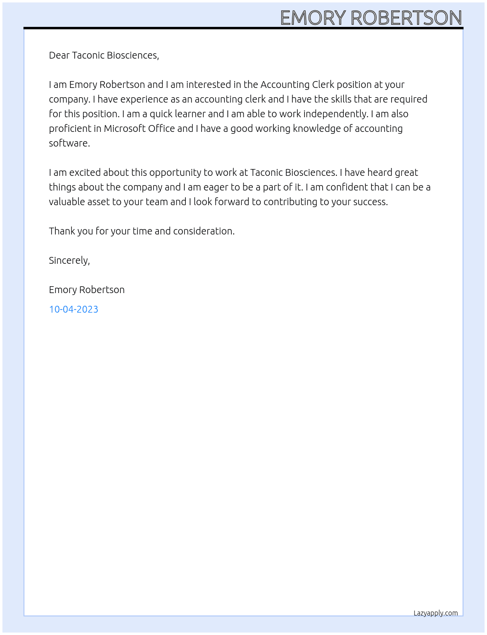 Accounting Clerk At Taconic Biosciences Cover Letter