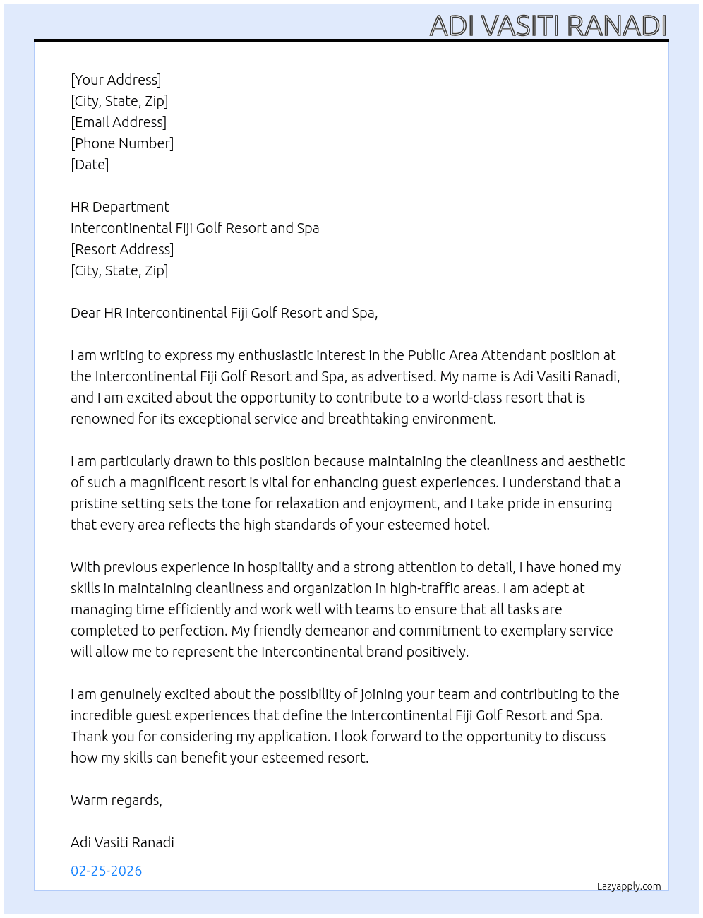 Cover letter for pubic area attendant - LazyApply