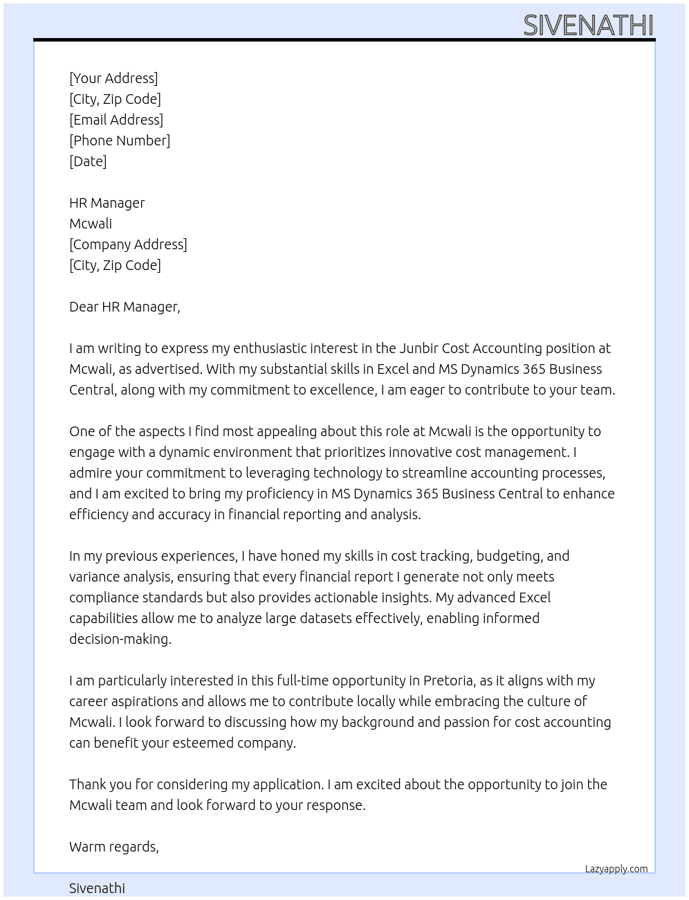 Junbir cost accounting At Mcwali Cover Letter