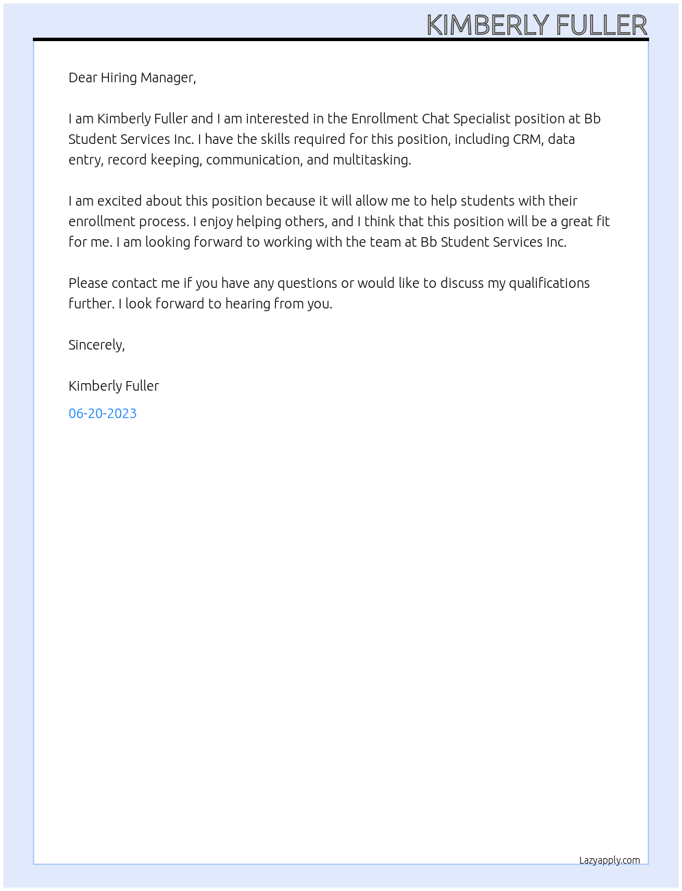 Enrollment Chat Specialist At Bb Student Services Inc. Cover Letter
