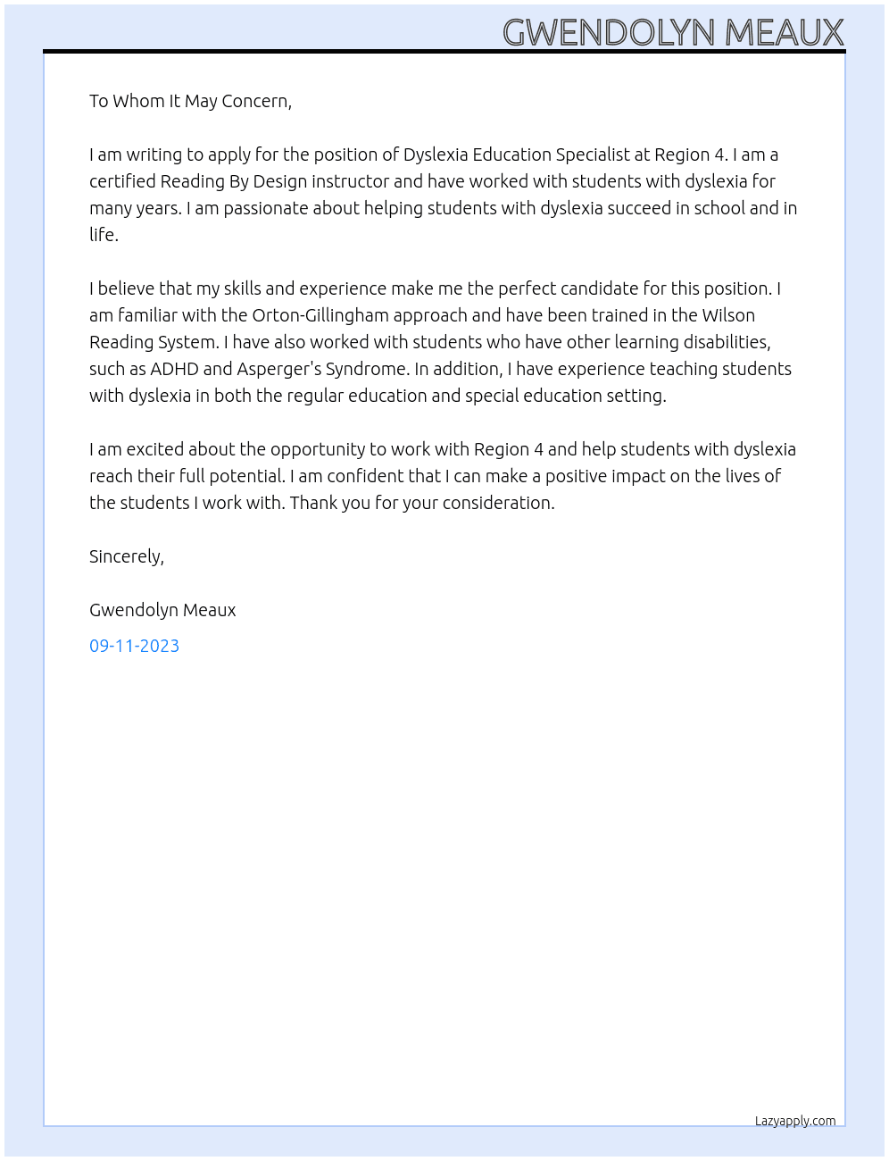 Dyslexia Education Specialist At Region 4 Cover Letter