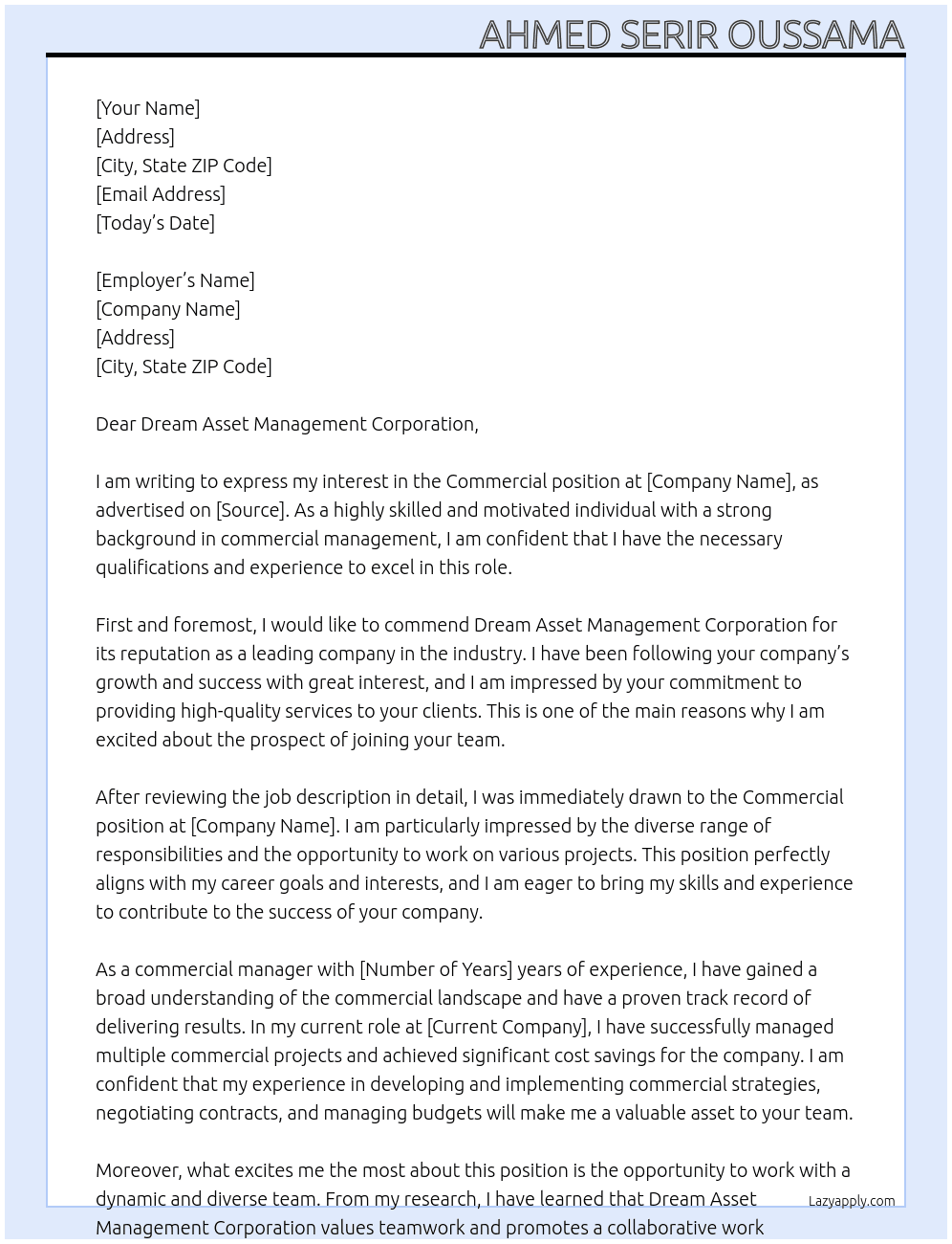 commercial At Employer detailsDream Asset Management Corporation Cover Letter
