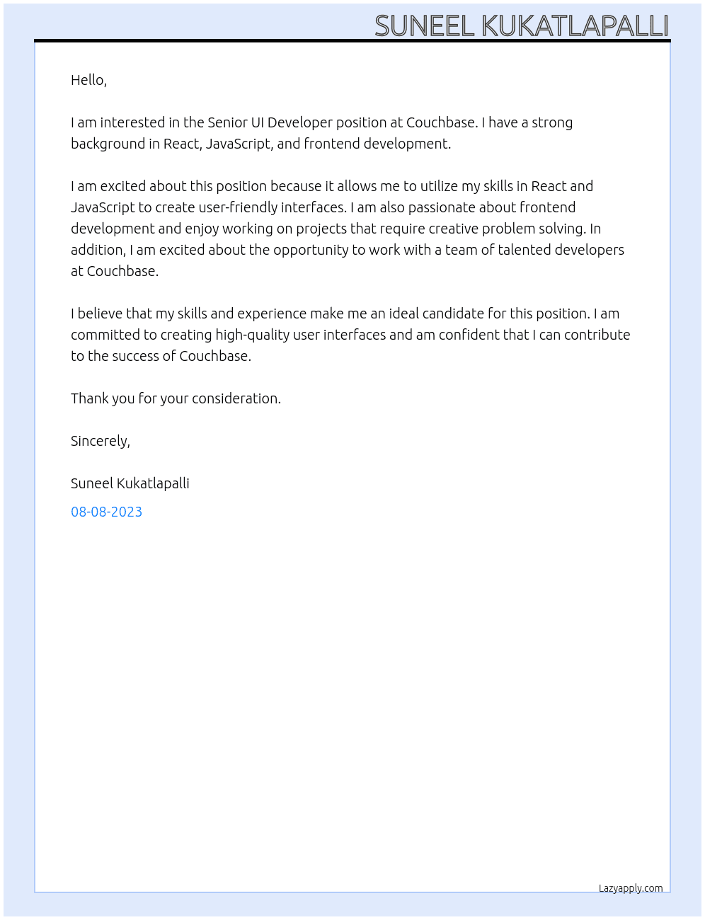Senior UI Developer At Couchbase Cover Letter
