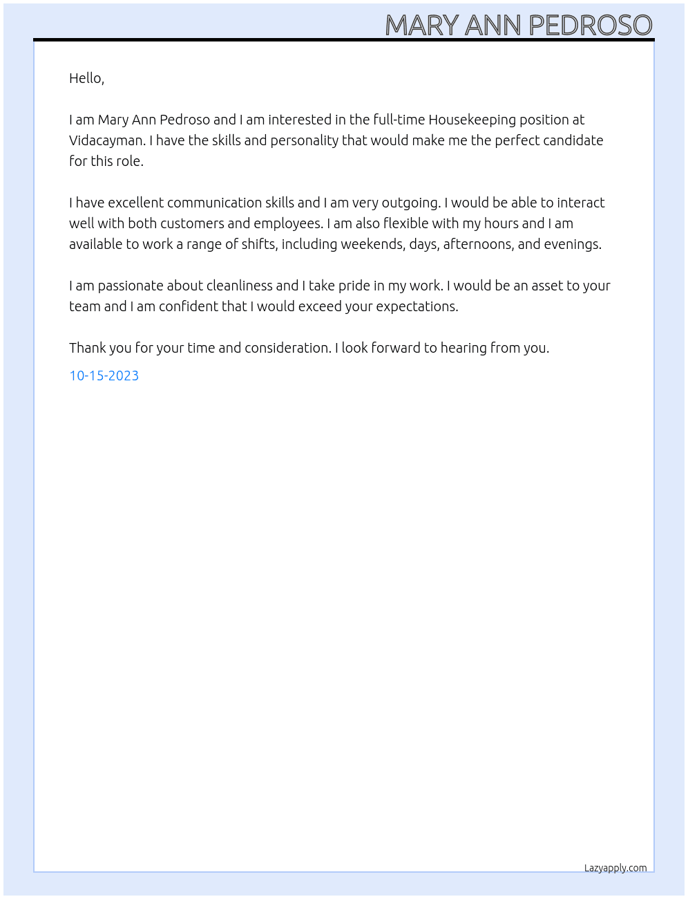 Housekeeping At Vidacayman Cover Letter