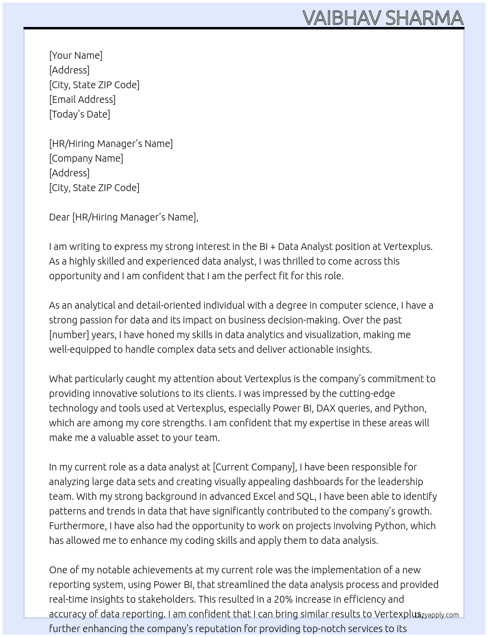 BI + data Analayst At Vertexplus Cover Letter