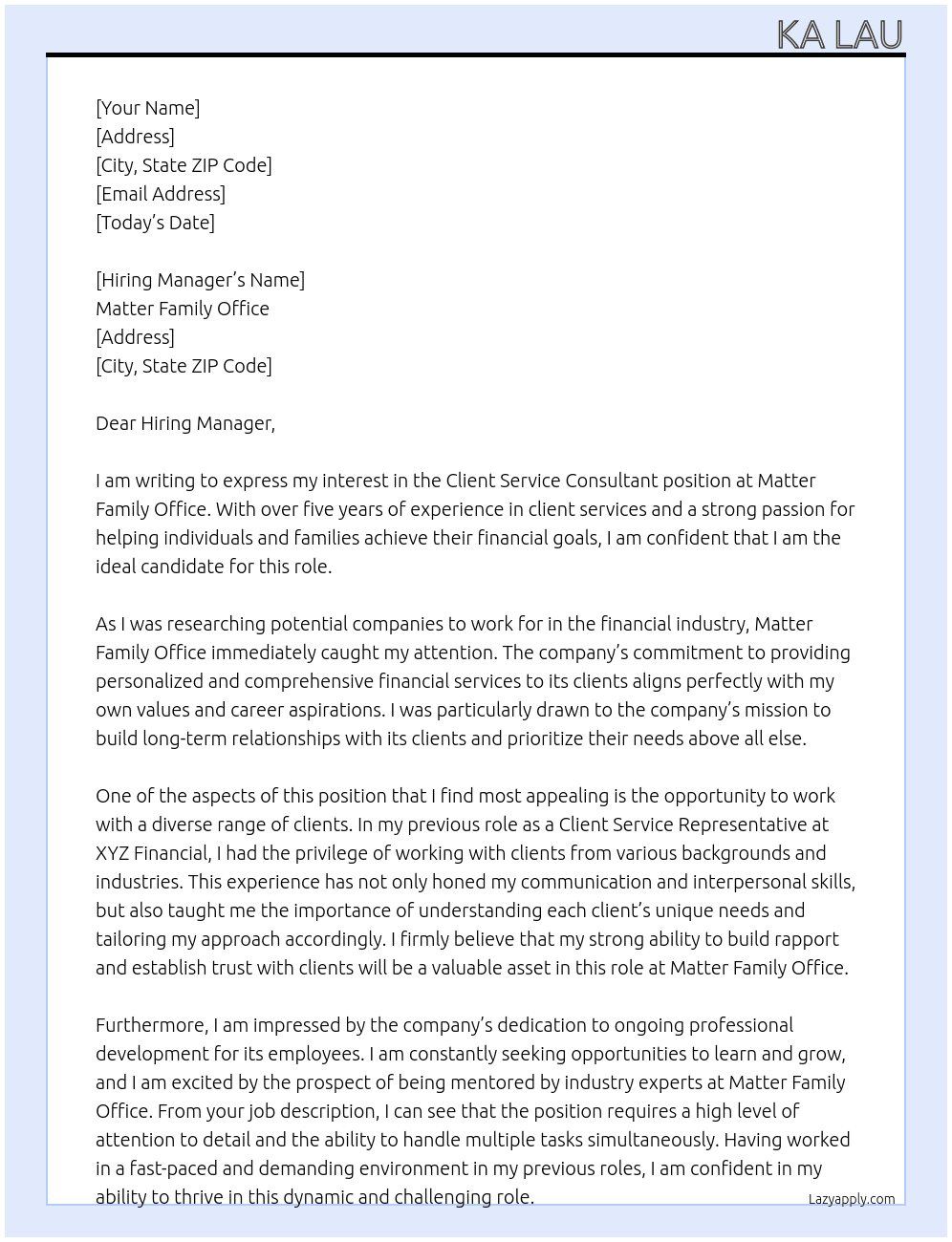 Client Service Consultant At Matter Family Office Cover Letter