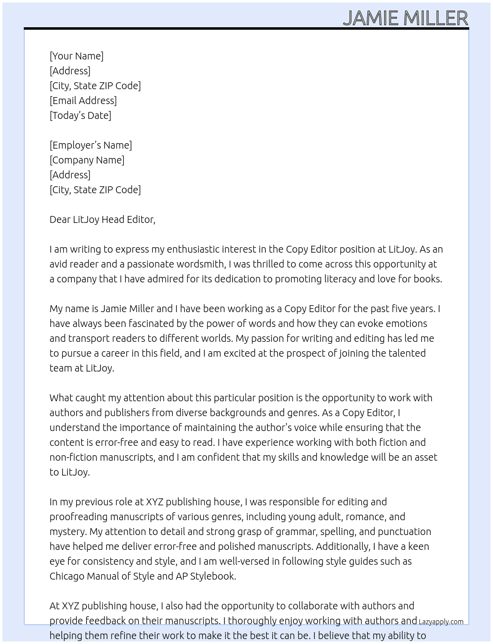 Copy Editor At LitJoy Cover Letter