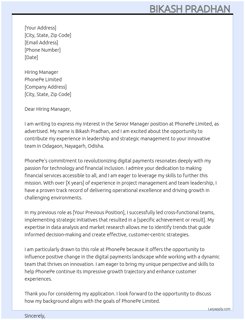 Senior Manager At PhonePe Limited Cover Letter