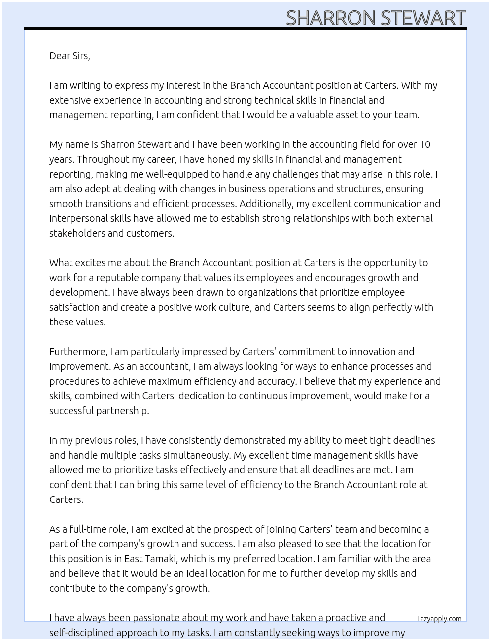 Branch Accountant At Carters Cover Letter