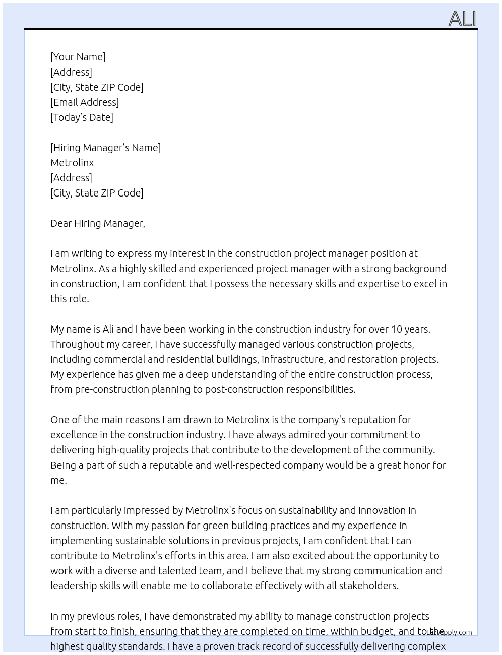construction project manager At Metrolinx Cover Letter
