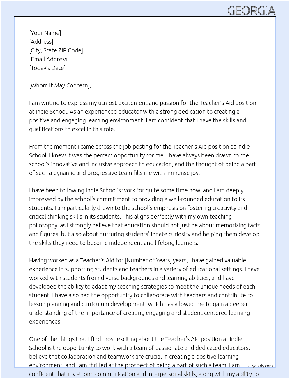 Teacher’s Aid At Indie School  Cover Letter
