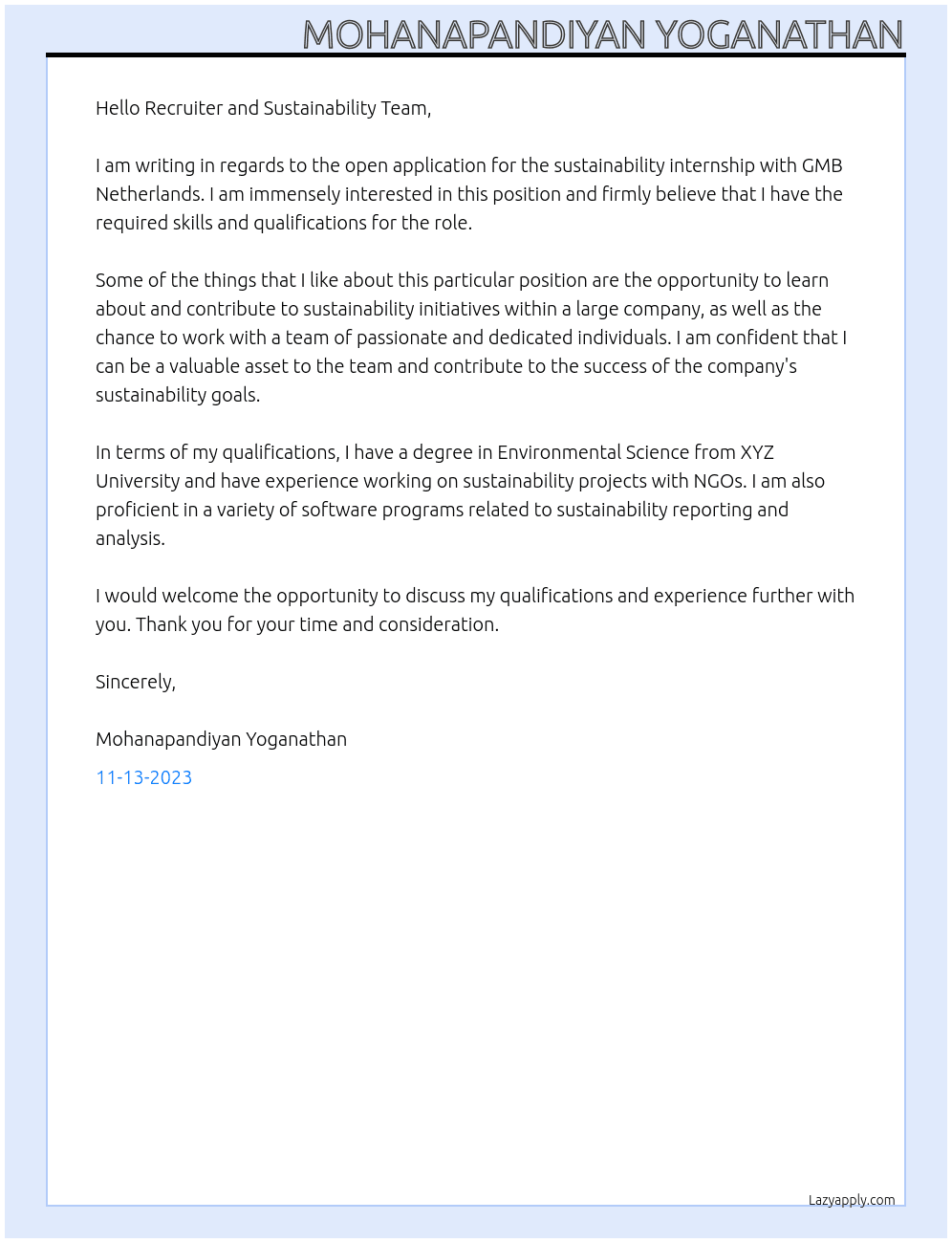 open application for sustainabiity internship At GMB netherlands Cover Letter