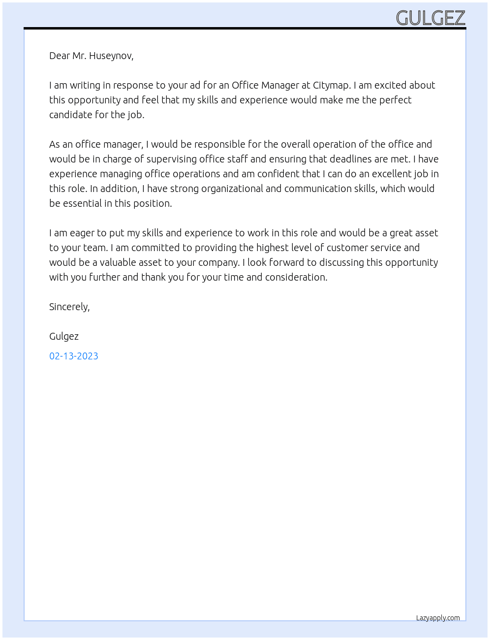Office manager At Citymap Cover Letter