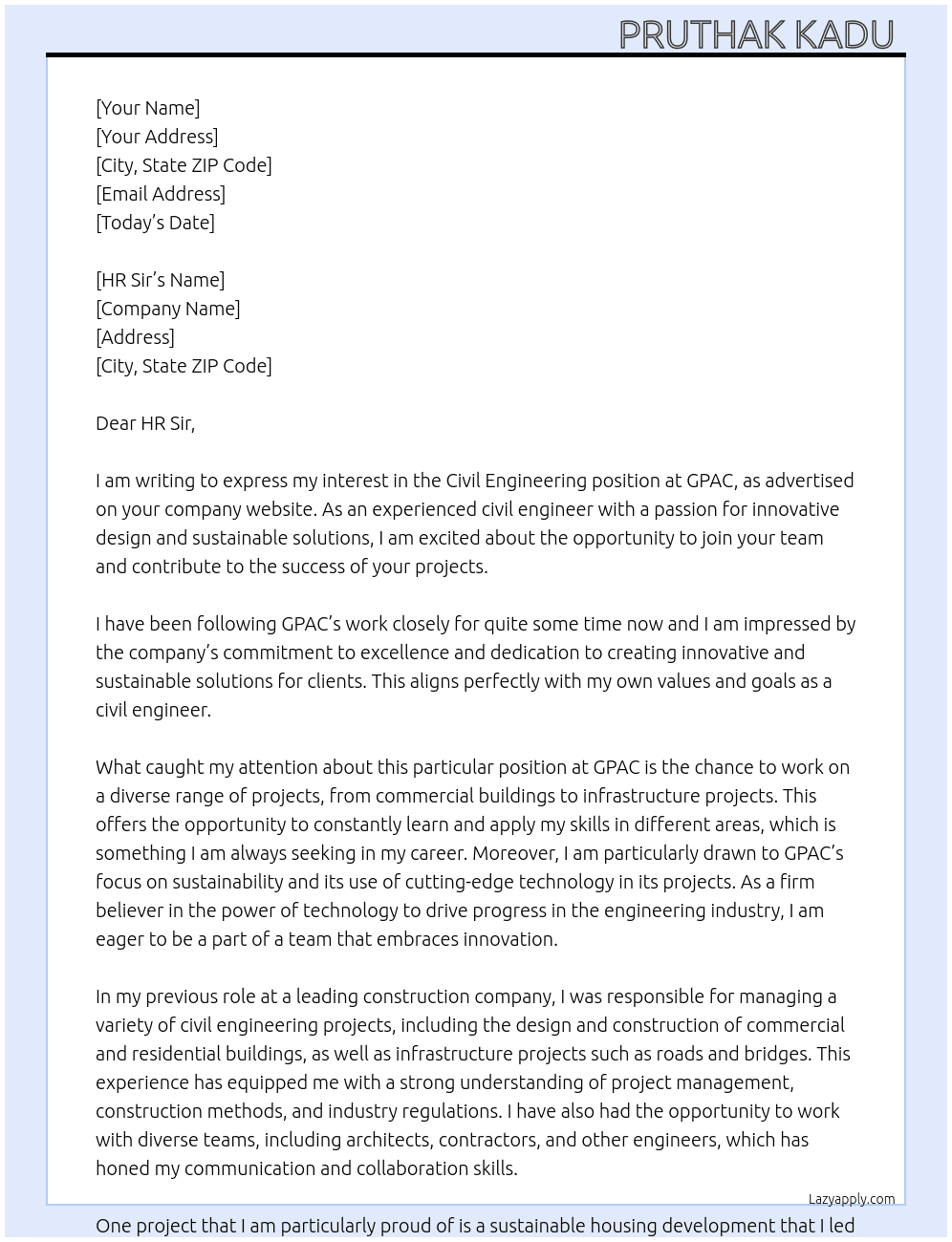 Civil engineering  At Gpac Cover Letter