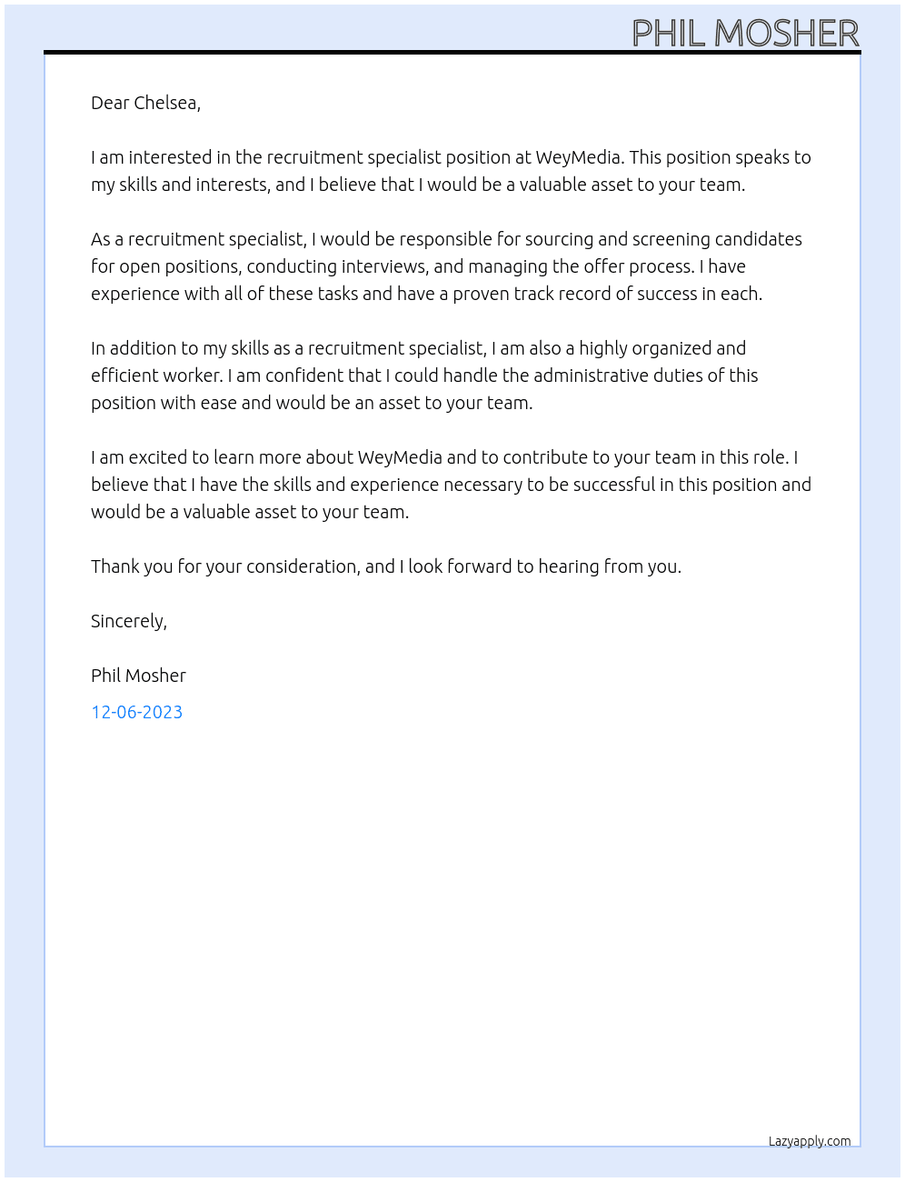 Recruitment Specialist At WeyMedia Cover Letter