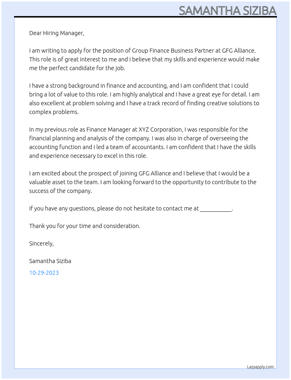 Group Finance Business Partner At GFG Alliance Cover Letter