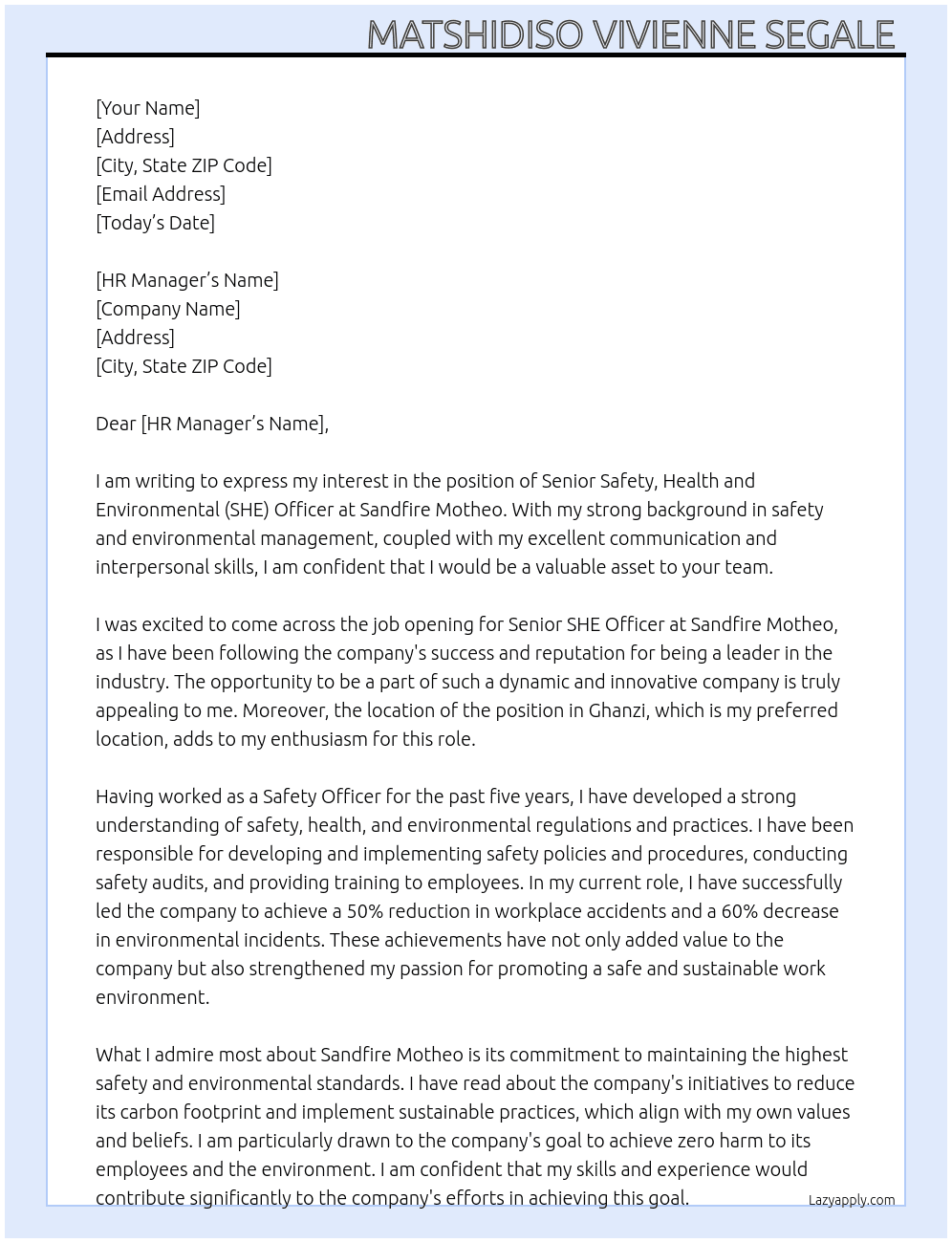 Senior Safety, Health and Environmental (SHE) Officer  At Sandfire Motheo  Cover Letter