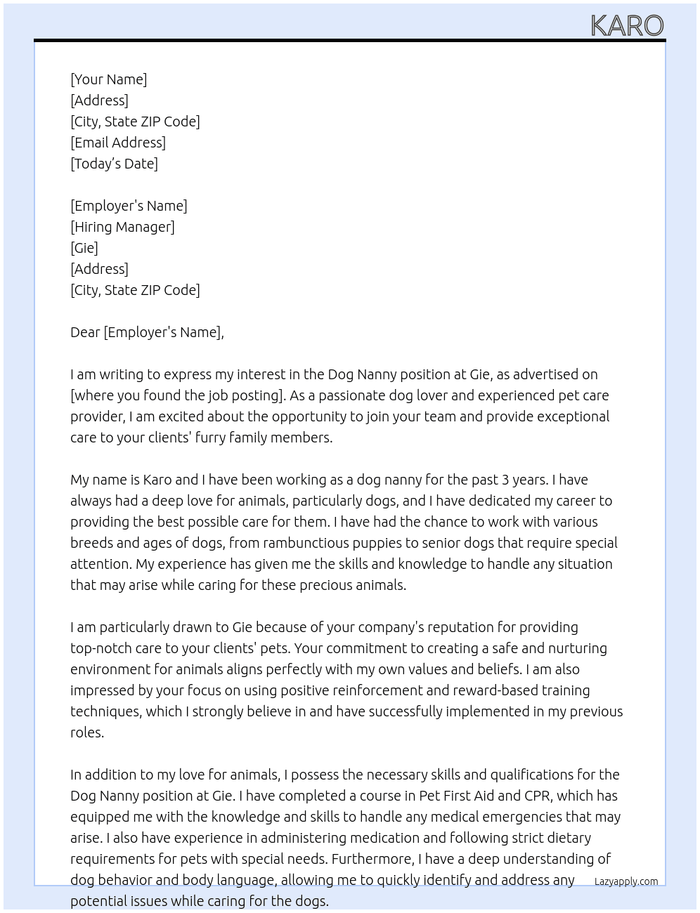 Dog Nanny At gie Cover Letter