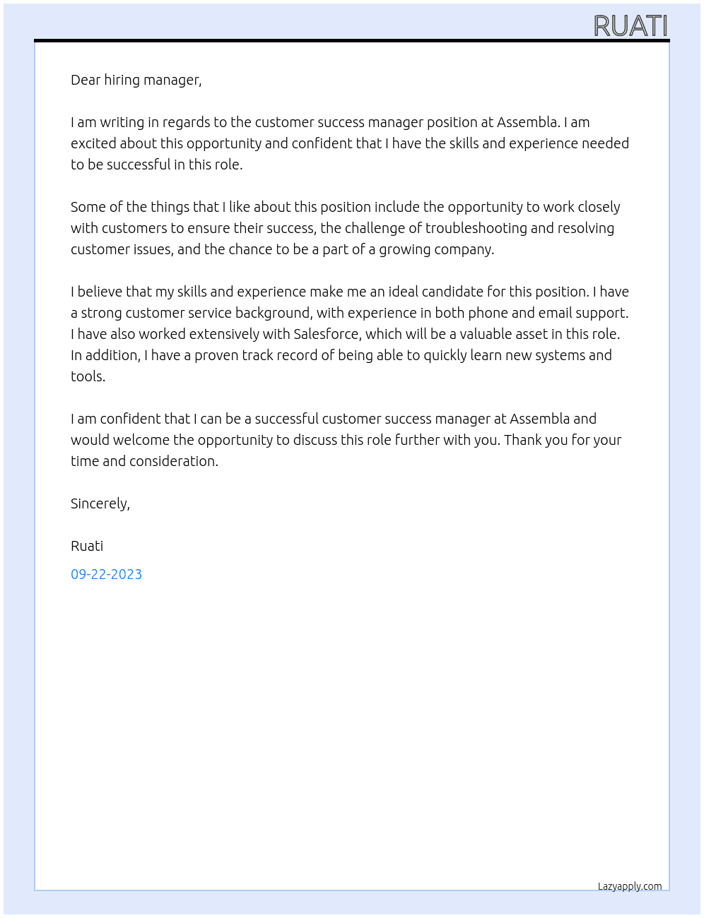 customer success manager At assembla Cover Letter