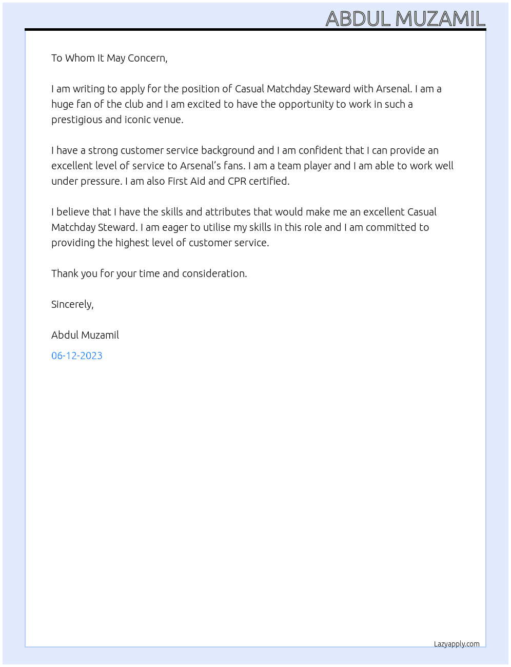 Casual Matchday steward  At Arsenal Cover Letter