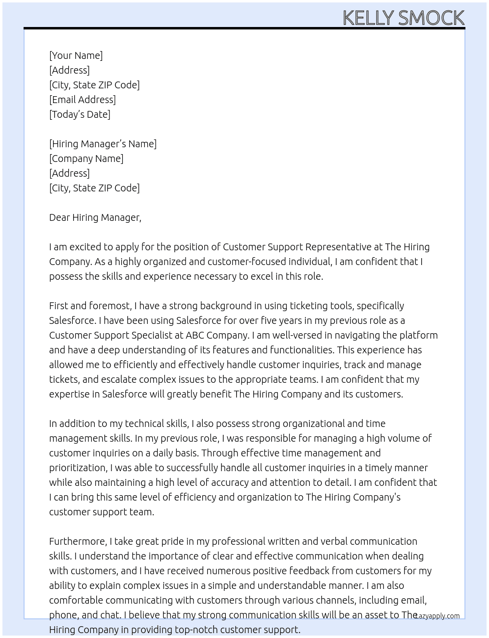 Customer Support Representative At The Hiring Company Cover Letter