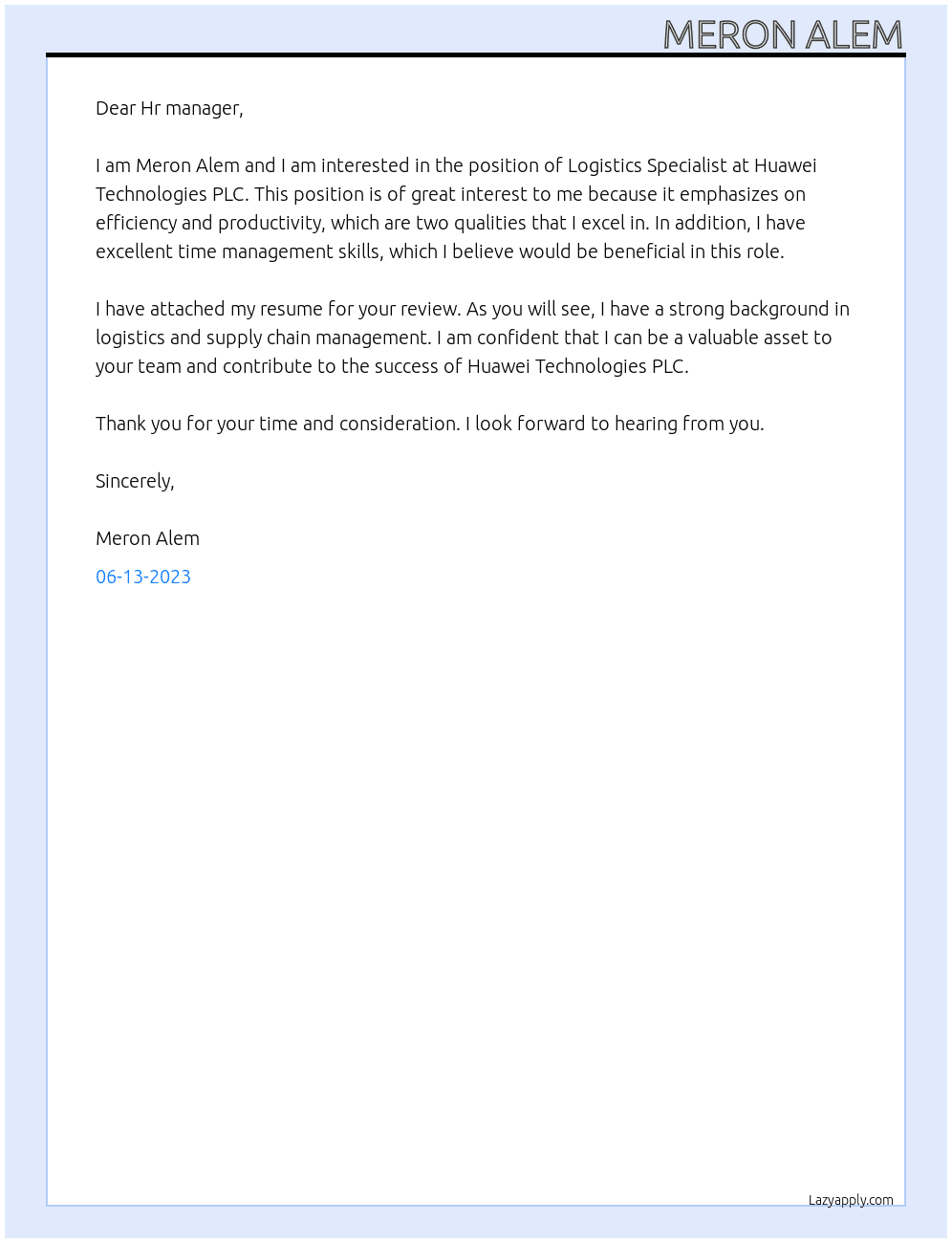 Logistics Specialist At Huawei Technologies PLC Cover Letter