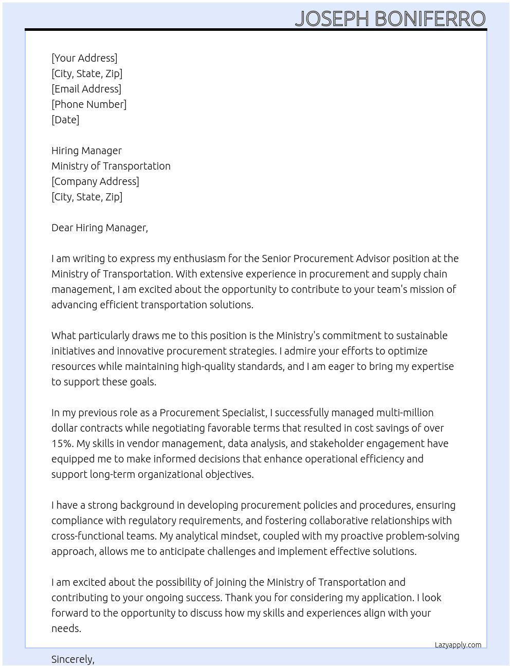 Senior Procurement Advisor At Ministry of Transportation Cover Letter