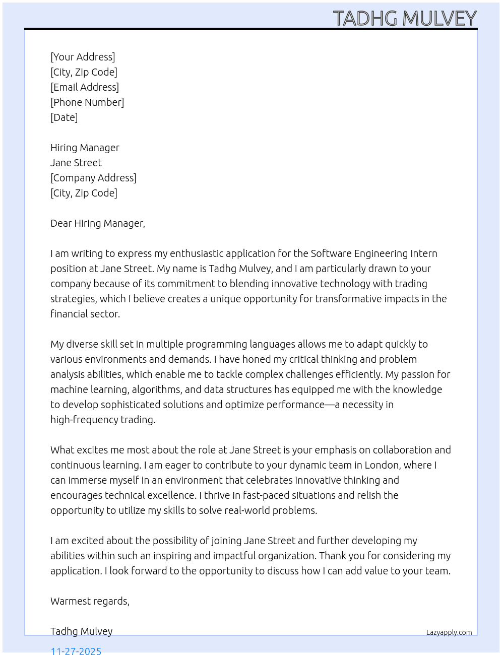 Software Engineer At Jane Street Cover Letter