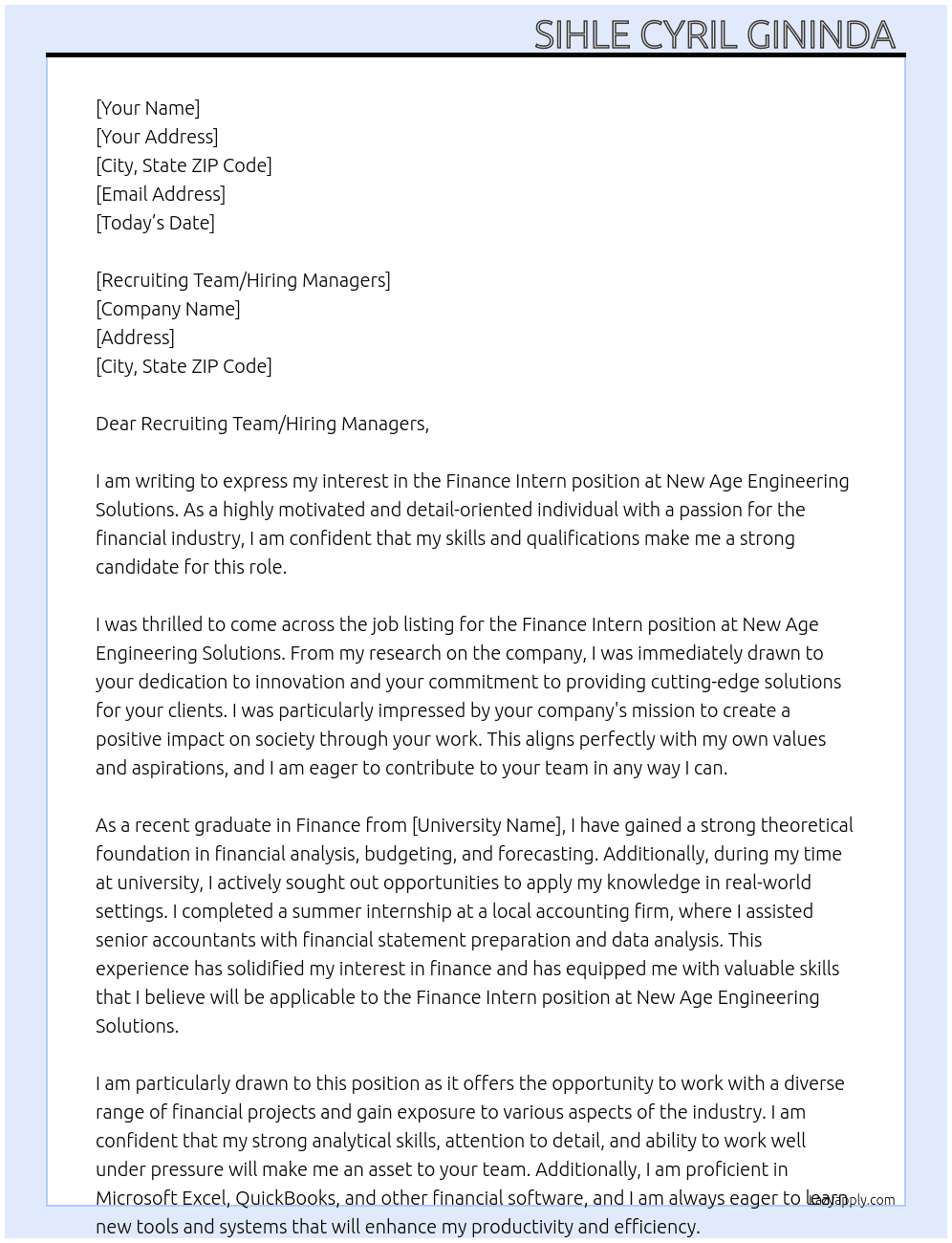 Finance intern At New Age engineering solutions  Cover Letter