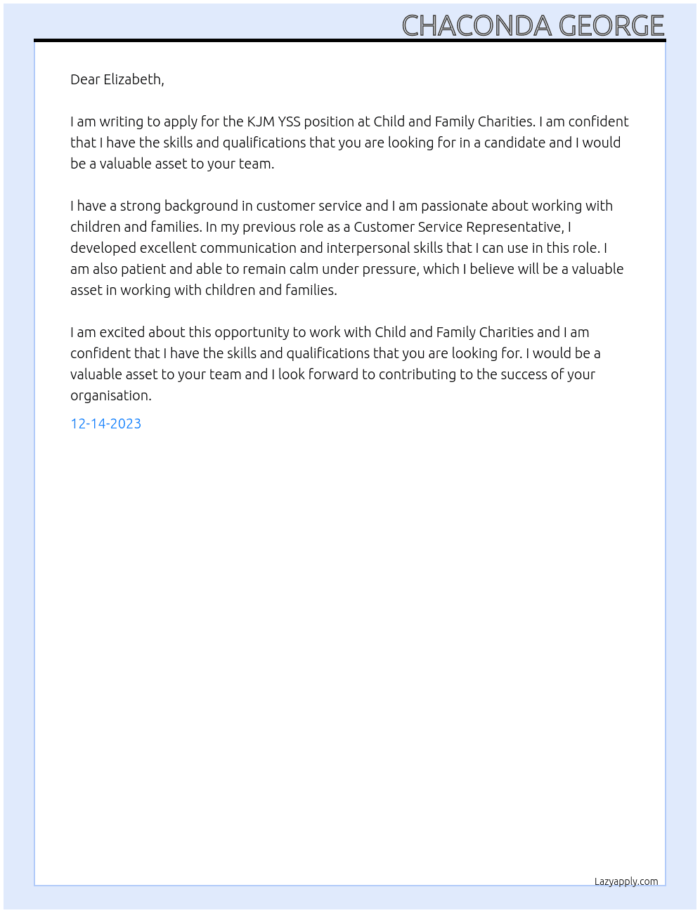 KJM YSS At Child and Family Charities Cover Letter