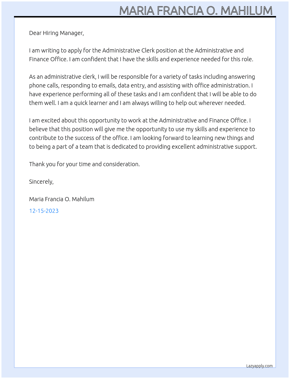 Administrative Clerk  At Administrative and Finance Office  Cover Letter