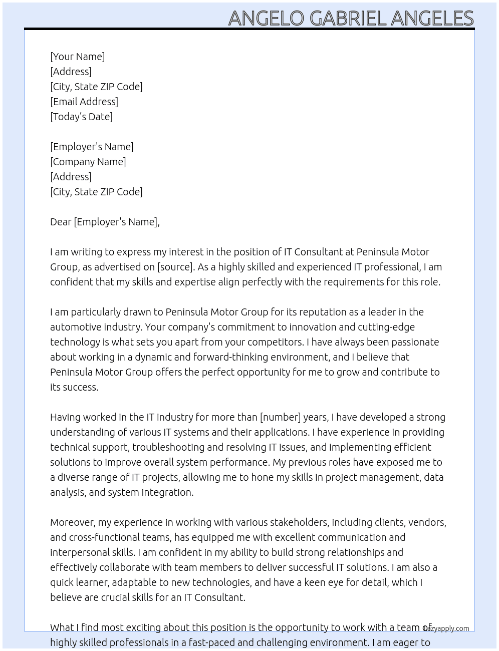 IT CONSULTANT At peninsula motor group Cover Letter