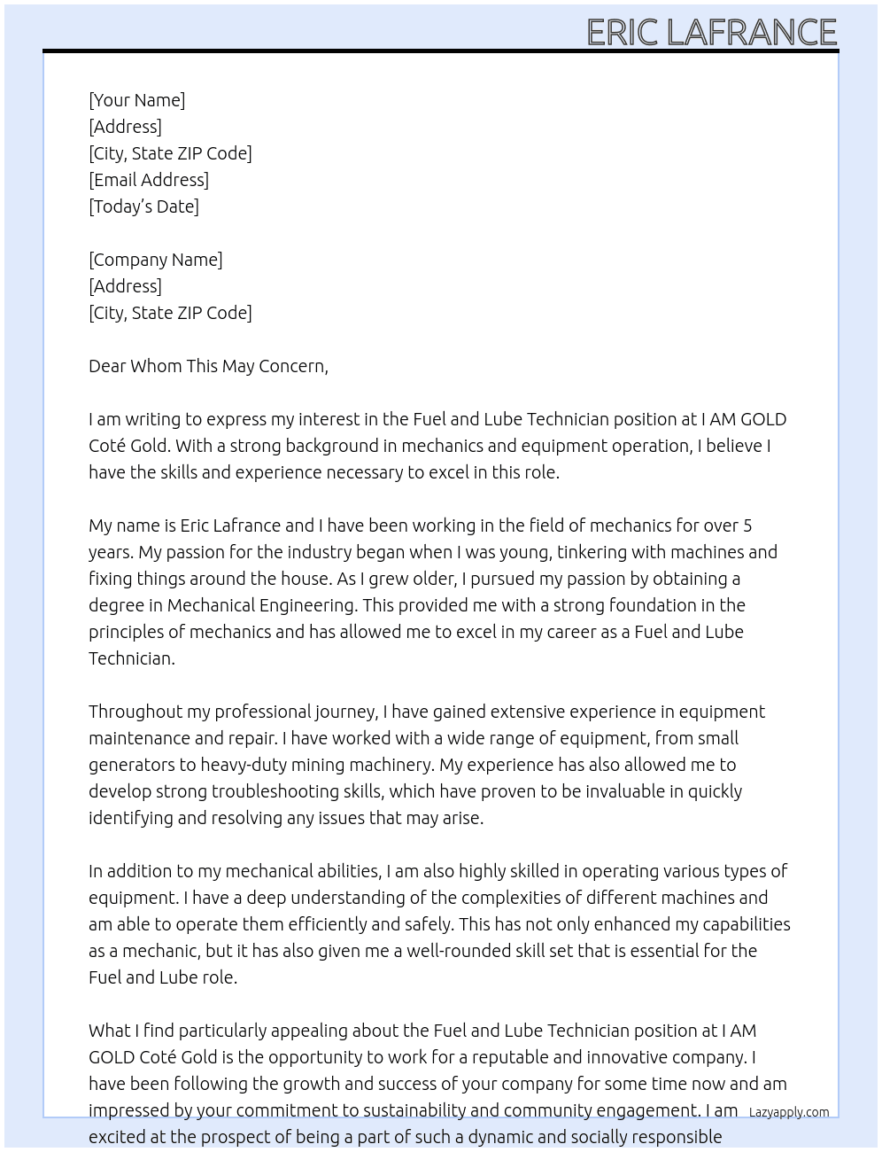 Fuel and Lube Technician  At I AM GOLD Coté Gold Cover Letter