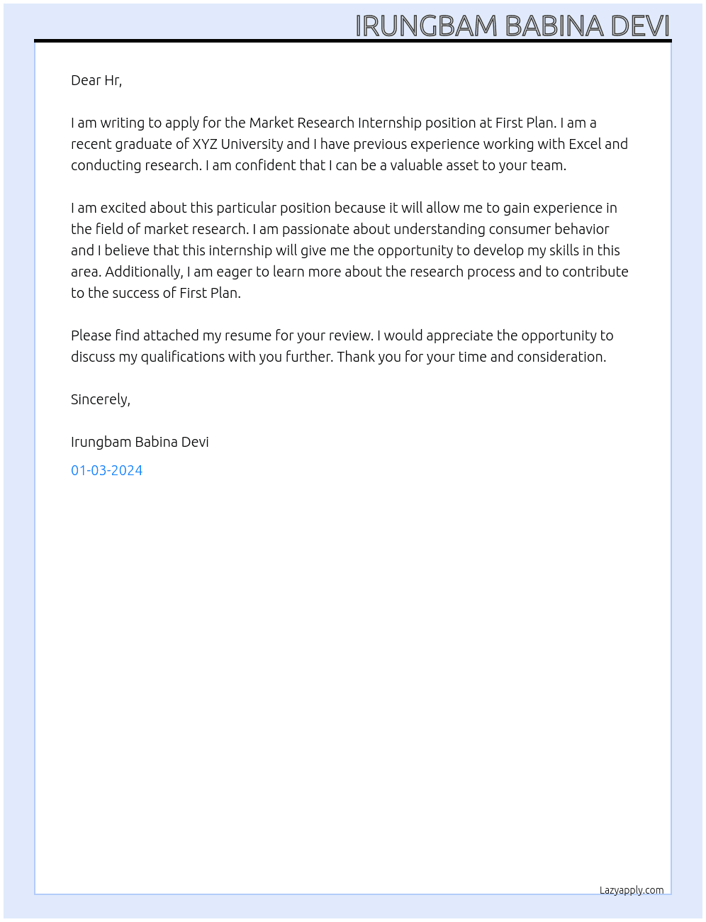 Market Research Intership  At First Plan Cover Letter
